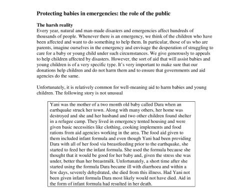 First page of the document 'protecting infants in emergencies: the role of the public'