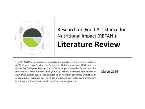 Front cover of research paper titled, "Research on Food Assistance for Nutritional Impact (REFANI): Literature Review."