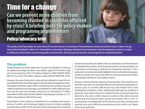 Front page of report titled, "Time for a change: Can we prevent more children from becoming stunted in countries affected by crisis? A briefing note for policy-makers and programme implementers." 