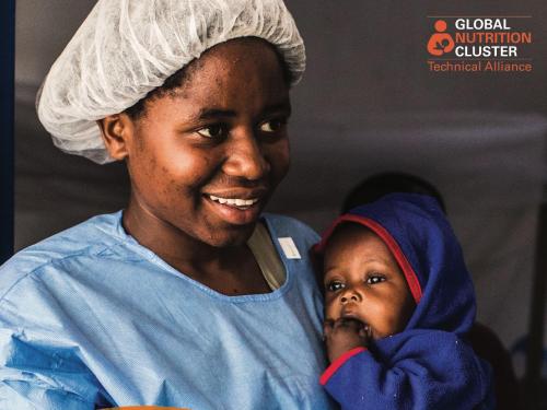 Front page of Case Study titled, "Supporting non-breastfed children as part of an Ebola response. Experiences from the Democratic Republic of the Congo." The picture shows a healthcare worker carrying a baby. 