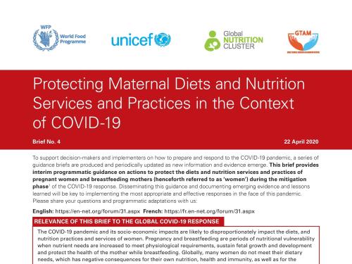 irst page of brief titled, "Protecting Maternal Diets and Nutrition  Services and Practices in the Context of COVID-19" Brief number four from 22nd April 2020.