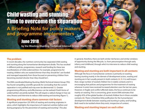 Front cover of report titled, "Child wasting and stunting: Time to overcome the separation (2018)".
