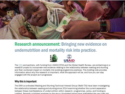 Front cover of report titled, "Research announcement: Bringing new evidence on  undernutrition and mortality risk into practice." Image shows a baby having it's arm measured.