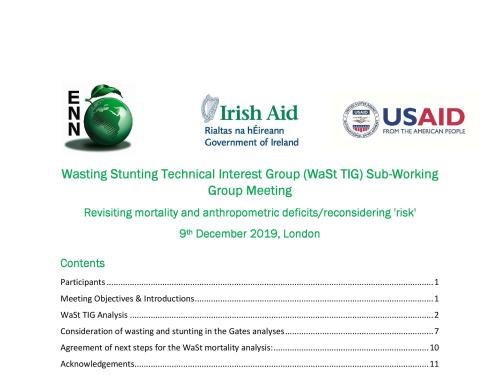 First page of report titled, "Wasting Stunting Technical Interest Group (WaSt TIG) Sub-Working Group Meeting Revisiting mortality and anthropometric deficits/reconsidering 'risk.' 9th December 2019, London."