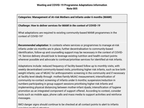 First page of information note titled, "Wasting and COVID-19 Programme Adaptations Information - Note 005."