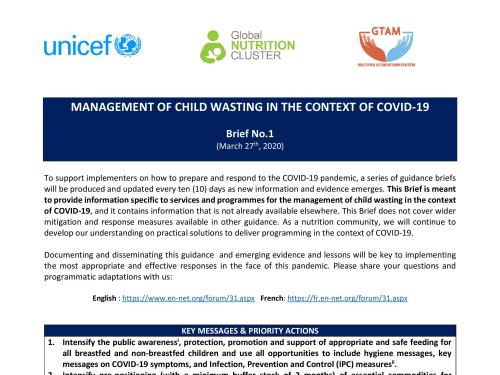 First page of brief titled, "Management of child wasting in the context of COVID-19" Brief Number 1 from March the 27th 2020.