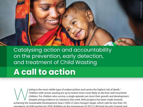 First page of the document 'A call to action: Catalysing action and accountability on the prevention, early detection, and treatment of Child Wasting'