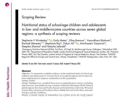 Front page of scoping review titled, "Nutritional status of school-age children and adolescents in low- and middle-income countries across seven global regions: a synthesis of scoping reviews," with authors and abstract.