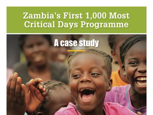 Front cover of case study document titled, "Zambia’s First 1,000 Most Critical Days Programme: a case study." Image shows joyful young people laughing and clapping.