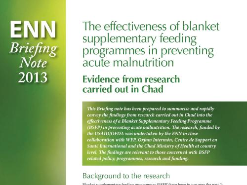 Front cover of document titled, "The effectiveness of blanket supplementary feeding programmes in preventing acute malnutrition Evidence from research carried out in Chad."