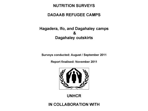 Front page of document titled, "NUTRITION SURVEYS DADAAB REFUGEE CAMPS Hagadera, Ifo, and Dagahaley camps & Dagahaley outskirts."