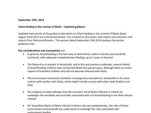 Front cover of guidance document titled, "Infant feeding in the context of Ebola – Updated guidance - September 19th, 2014." 