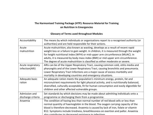 Front cover of training document titled, "The Harmonised Training Package (HTP): Resource Material for Training on Nutrition in Emergencies Glossary of Terms	used throughout Modules."