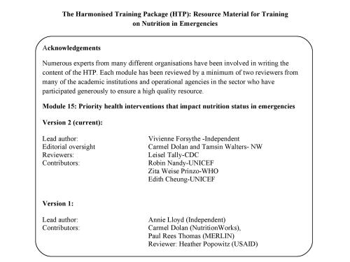 Front cover of document titled, "The Harmonised Training Package (HTP): Resource Material for Training on Nutrition in Emergencies."