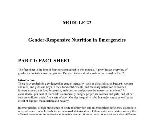 Front cover of document titled, "Gender-Responsive Nutrition in Emergencies."