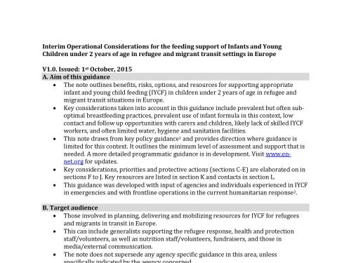 Front cover of document titled, "Interim Operational Considerations for the feeding support of Infants and Young Children under 2 years of age in refugee and migrant transit settings in Europe."