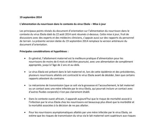 Front cover of guidance report titled, "L’alimentation du nourrisson dans le contexte du virus Ebola – Mise à jour."