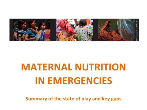 Front cover of document titled, "MATERNAL NUTRITION  IN EMERGENCIES: Summary of the state of play and key gaps."