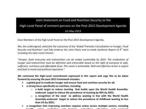 Front cover of document titled, "Joint Statement on Food and Nutrition Security to the High-Level Panel of eminent persons on the Post-2015 Development Agenda."
