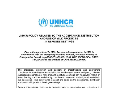Front page of document titled, "UNHCR POLICY RELATED TO THE ACCEPTANCE, DISTRIBUTION AND USE OF MILK PRODUCTS IN REFUGEE SETTINGS."