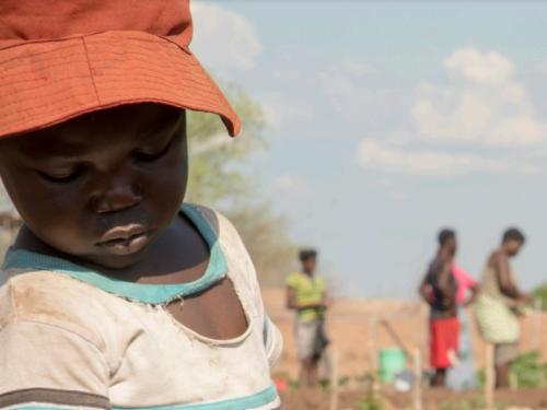 Child with hat in a filed with farmers