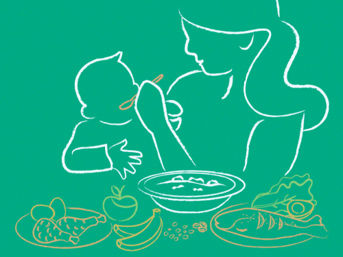 Line drawing of a woman spoon feeding her child