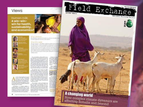 The front cover of Field Exchange 'A changing world: How complex climate dynamics are affecting Somalia and beyond' with an image of a woman and her goats in Somalia and a sneak peak of the first article inside