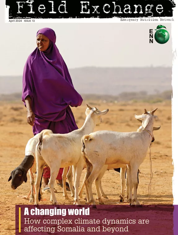 The front cover of Field Exchange 'A changing world: How complex climate dynamics are affecting Somalia and beyond' with an image of a woman and her goats in Somalia