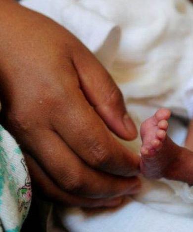Hand holding foot of premature baby.