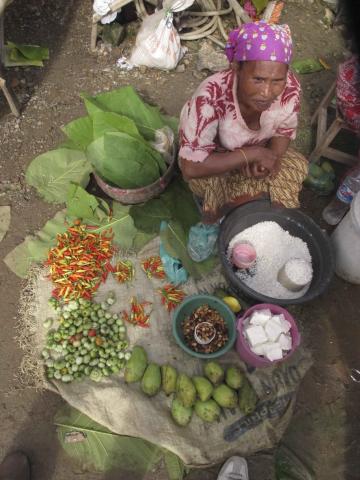 a woman sits with food laid out around her