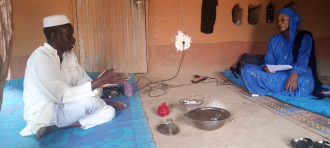 An Imam being interviewed by Dr Hawa Diarra as a part of the pilot study in Nara. Mali, 2022 