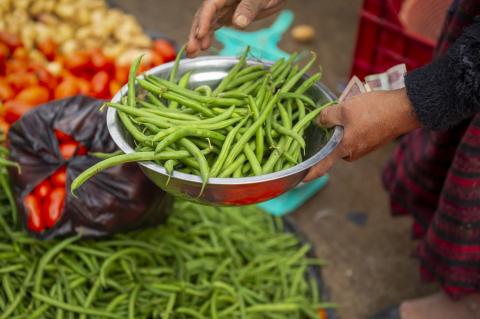Someone holding a bowl of green beans in a market