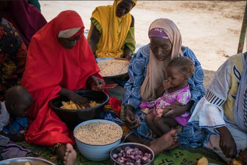Women and children preparing a meal at a cooking demonstration in Rafa, Niger