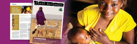 The front cover of Field Exchange 72 with a woman breastfeeding her baby