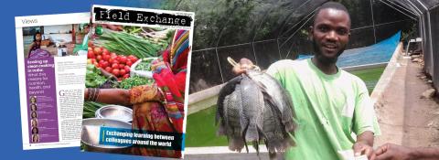 Field Exchange cover and sneak peak. A man in Kenya holds up a bunch of fish in front of fishing pond