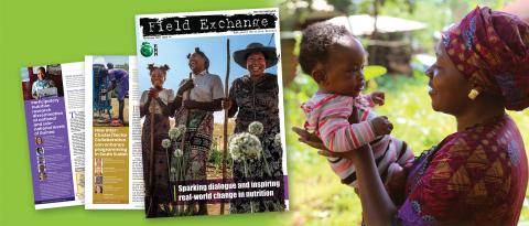 Front cover of Field Exchange issue 74. A woman holds up her baby and they smile at each other.