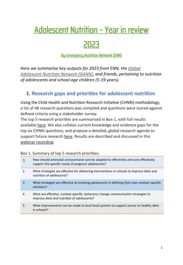 First page of the document 'Adolescent Nutrition: Year in Review 2023'