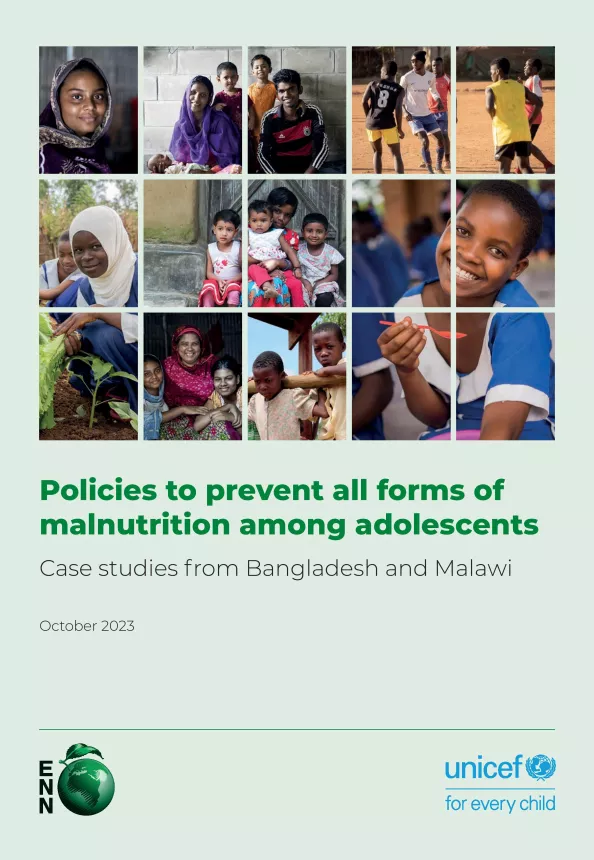 First page of the document 'Policies to prevent all forms of malnutrition among adolescents: Case studies from Bangladesh and Malawi'