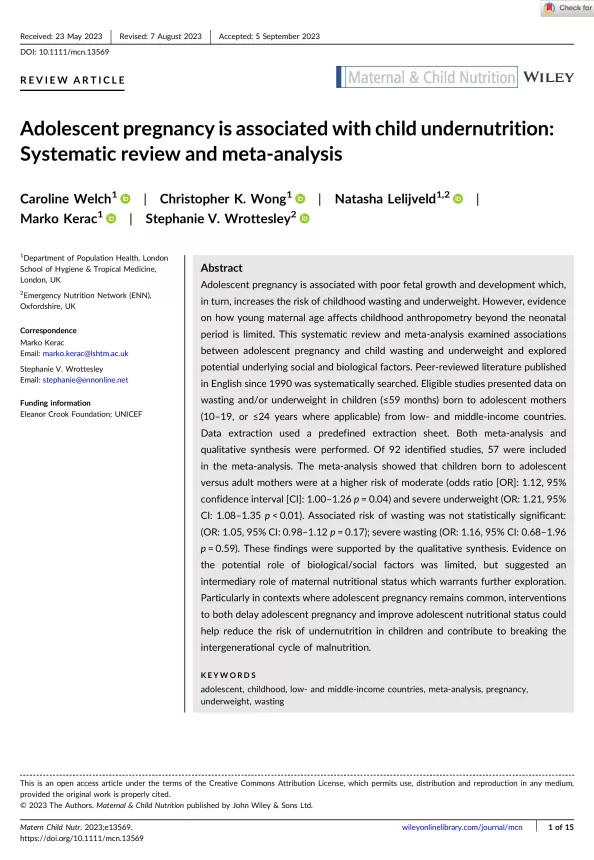 First page of the document 'Adolescent pregnancy is associated with child undernutrition: Systematic review and meta-analysis'