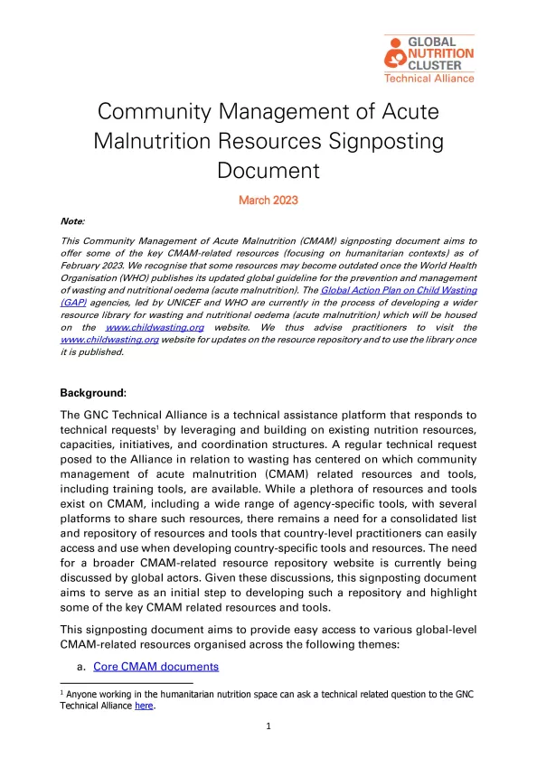 First page of the document 'Community Management of Acute Malnutrition (CMAM) signposting document'
