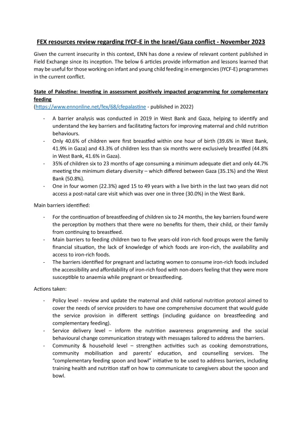 First page of the document 'field exchange resources review for IYCF-E learnings in Gaza/ Israel conflict from November 2023