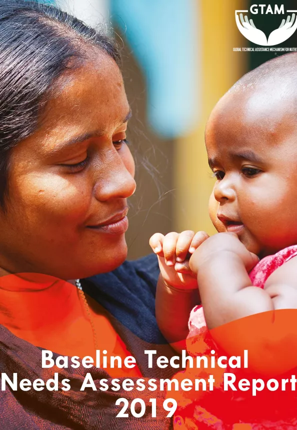 Front cover of report titled, "Baseline Technical Needs Assessment Report 2019." The image shows a mother holding her baby.