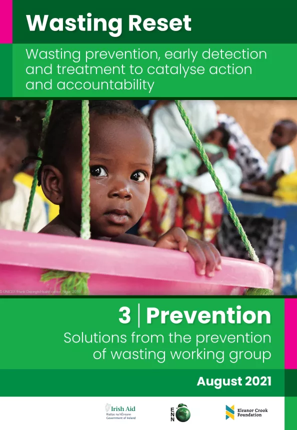 Front cover of report titled, "‘Wasting Reset’: wasting prevention, early detection and treatment to catalyse action and accountability- Solutions from the prevention of wasting working group." Image shows a young child sitting in a hanging bucket.