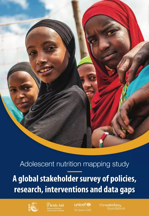 Front cover of mapping study titled, "A global stakeholder survey of policies, research, interventions and data gaps." Picture shows a group of women grouped together outside.