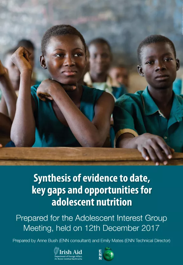 Front cover of report titled, "Adolescent Interest Group meeting 12th December 2017: Synthesis of evidence to date, key gaps and opportunities for adolescent nutrition." Image shows children in the classroom.