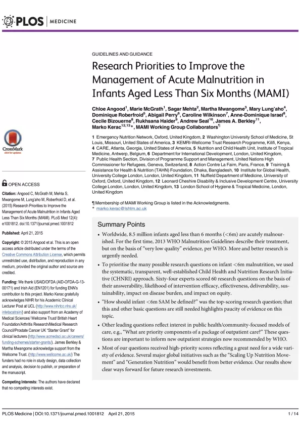 Front cover of research paper titled, "Research Priorities to Improve the Management of Acute Malnutrition in Infants Aged Less Than Six Months (MAMI)."