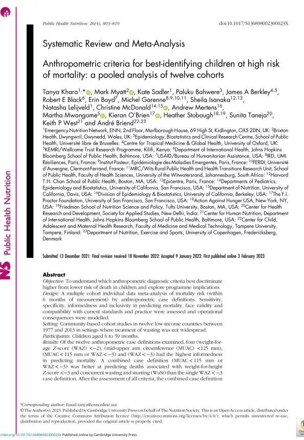 First page of the document 'Anthropometric criteria for best-identifying children at high risk of mortality: a pooled analysis of twelve cohorts'