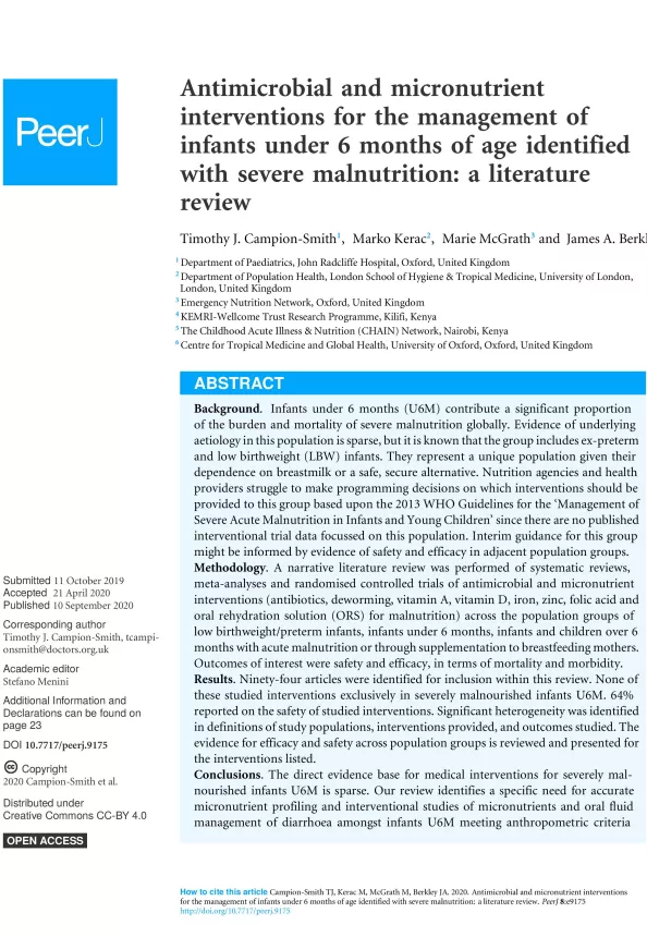 Front page of review titled, "Antimicrobial and micronutrient interventions for the management of infants under 6 months of age identified with severe malnutrition: a literature review."