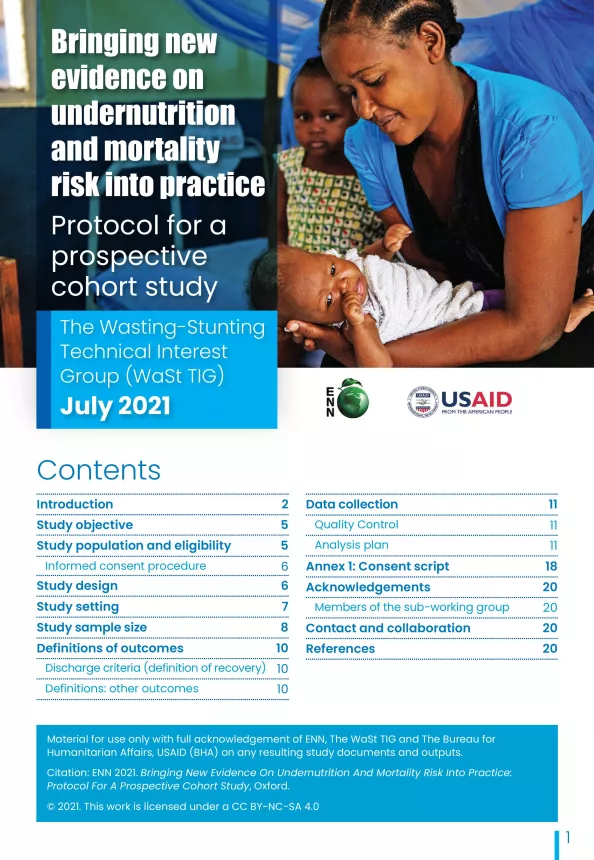Front cover and contents page of the document 'Bringing new evidence on undernutrition and mortality risk into practice- Protocol for a prospective cohort study'