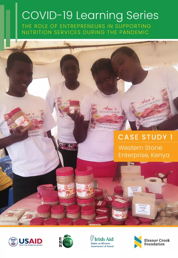 Front cover of 'the role of entrepreneurs in supporting nutrition services during the pandemic: case study 1' as part of the COVID-19 Learning Series. Picture shows 4 people selling peanut butter at a food stand.